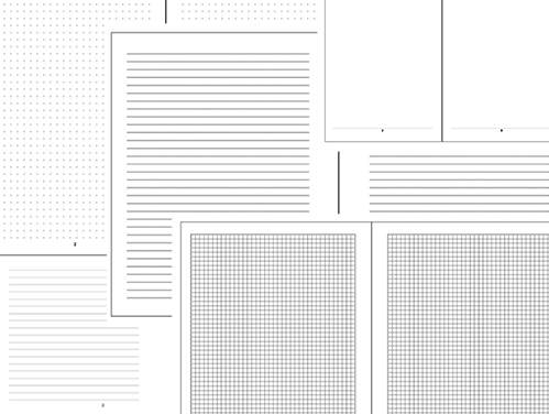 grouped journal interiors: lined, graph, dot, sketchbook and sketch journal