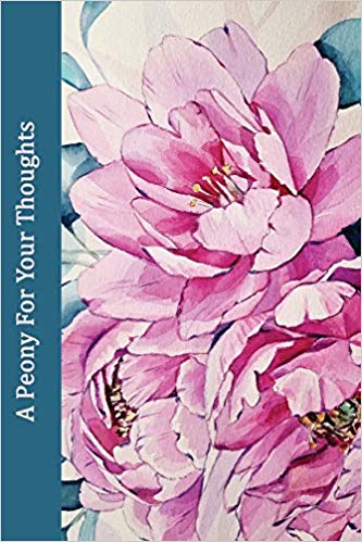 Journal with pink with peonies on the cover and the phrase A Peony for Your Thoughts in white lettering on blue.