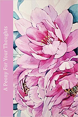 Journal with pink with peonies on the cover and the phrase A Peony for Your Thoughts in white lettering on blue.