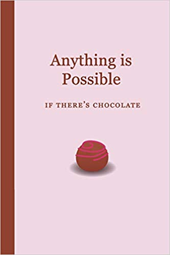 Pink journal with chocolate ball in brown and raspberry. Brown text that says Anything is Possible if there's chocolate.