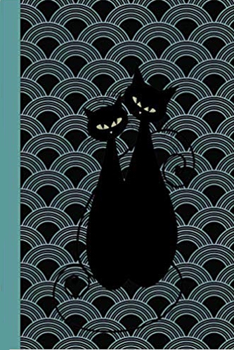 Two black cats sitting together in front of blue vintage retro style background.