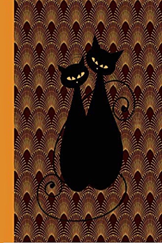 Two black cats sitting together in front of an orange vintage retro style background.