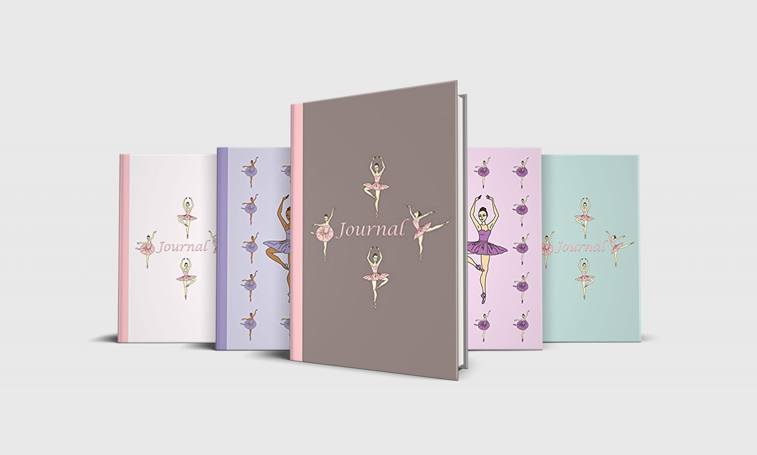 five journals with ballerinas on the cover. highlights journals in pink, tan, purple, green and blue.