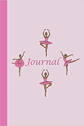 Pretty journal with ballerinas in pink on a light pink background. Pink text says Journal.