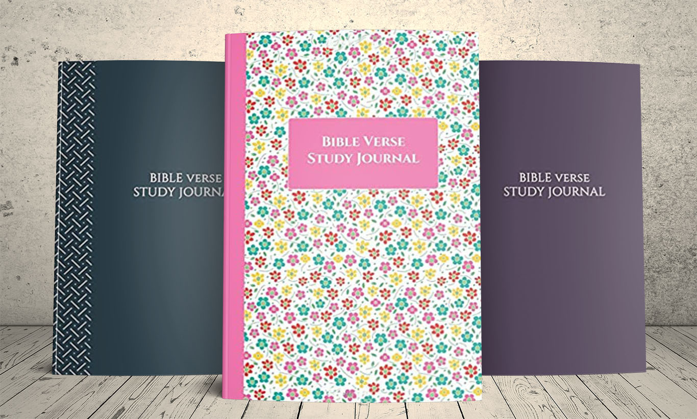 Three bible verse study journals - with green, purple and pink flowered covers.