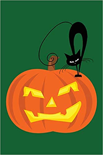 Green Halloween journal with a black cat standing on a Jack-O-Lantern Pumpkin.