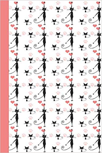 Journal notebook with black cats, hearts, and pink paws on the cover. Pink, white and black.