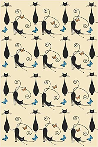 Journal notebook with black cats playing with gold and blue butterflies.