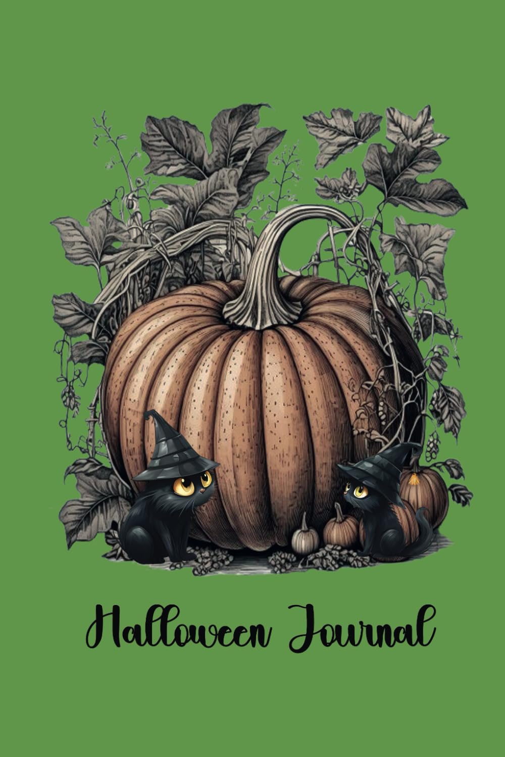 Large pumpkin and two cute black cats wearing witch hats on a green background with the text Halloween Journal in black lettering.