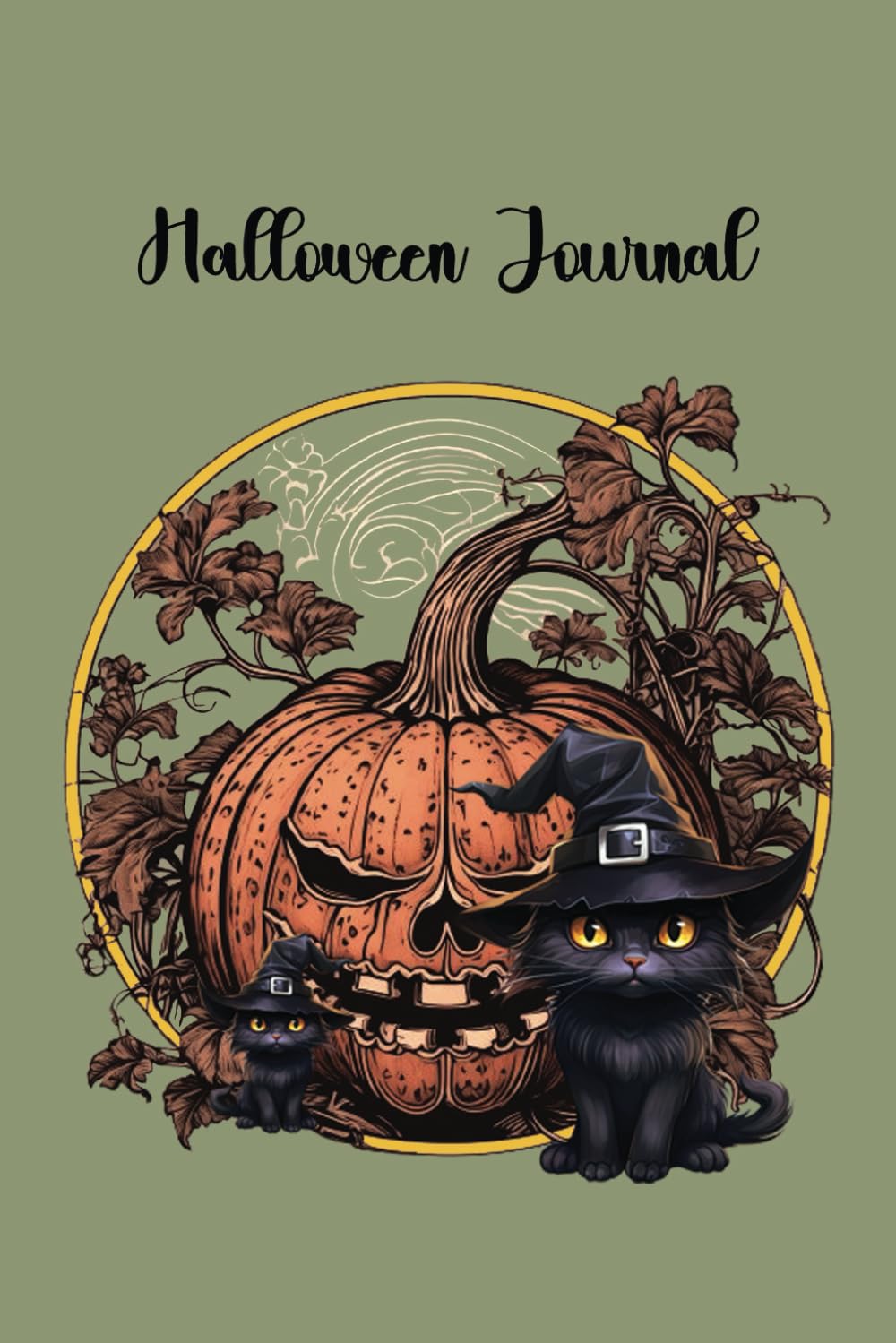 Journal cover with a cute black cat in a witch's hat sitting next to an orange pumpkin on a moss green background with the text Halloween Journal in black lettering