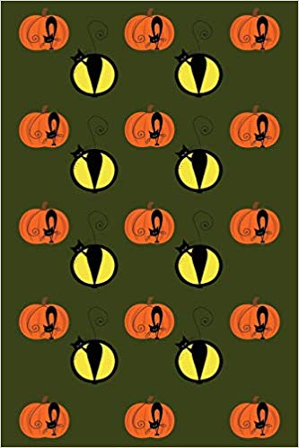Green Halloween journal with orange pumpkins, black cats and yellow eyes.
