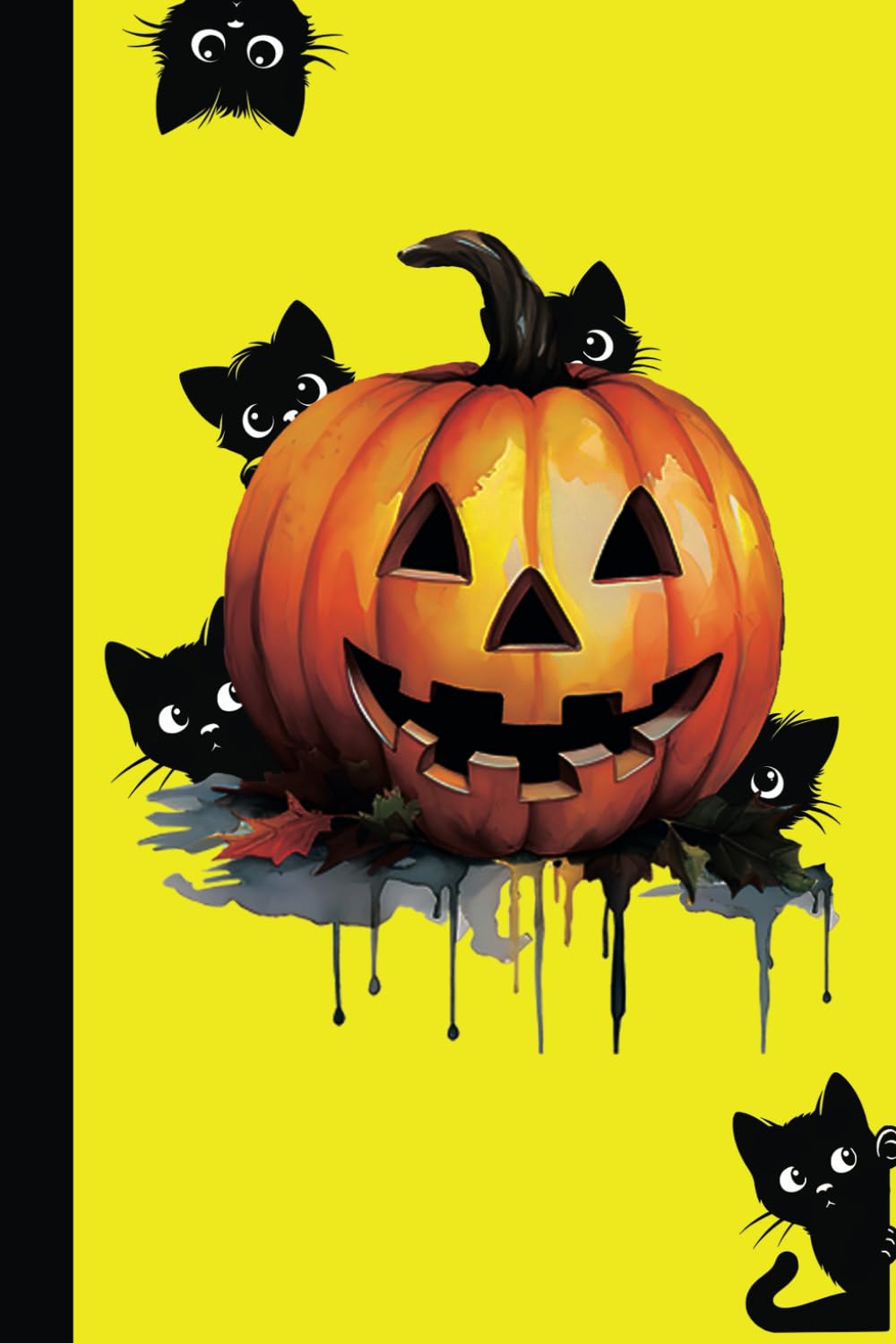 Journal cover with orange pumpkin surrounded by black cats on a yellow background