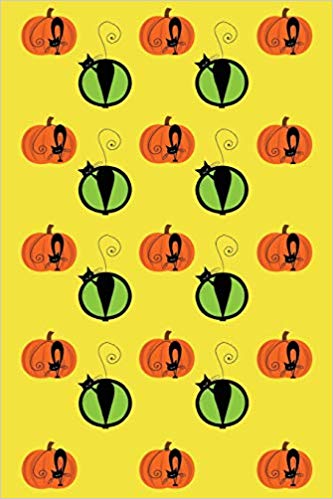 Halloween journal with orange pumpkins, black cats and green eyes on a yellow background.