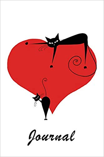 Journal notebook with two black cats and a big red heart. Black text on a white background says journal.