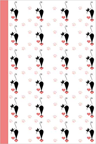 Journal notebook with black cats, hearts, and pink paws on the cover. Pink, white and black.