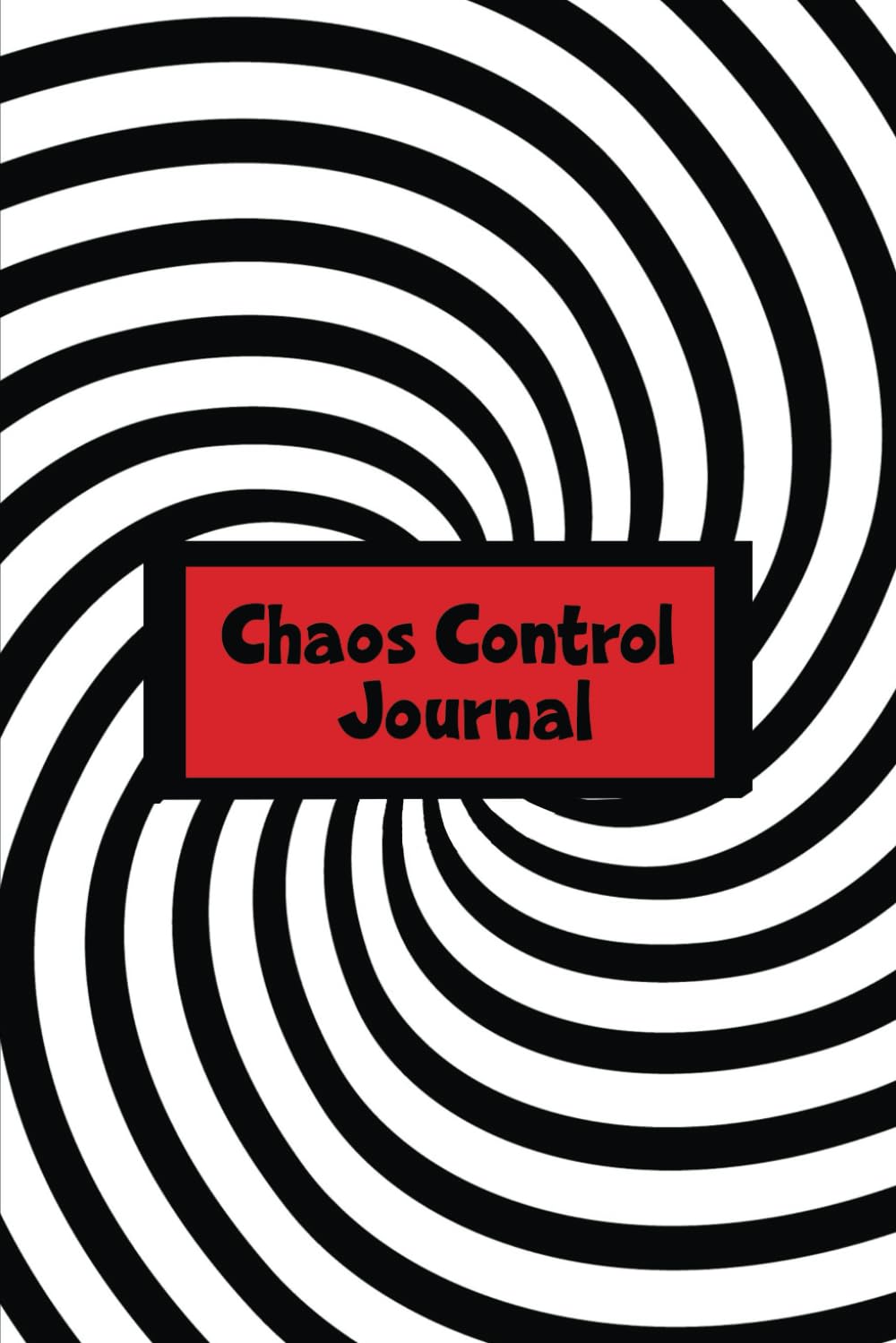 journal cover with a black and white spiral design and the words Chaos Control Journal written in black letters in a red box on the cover.