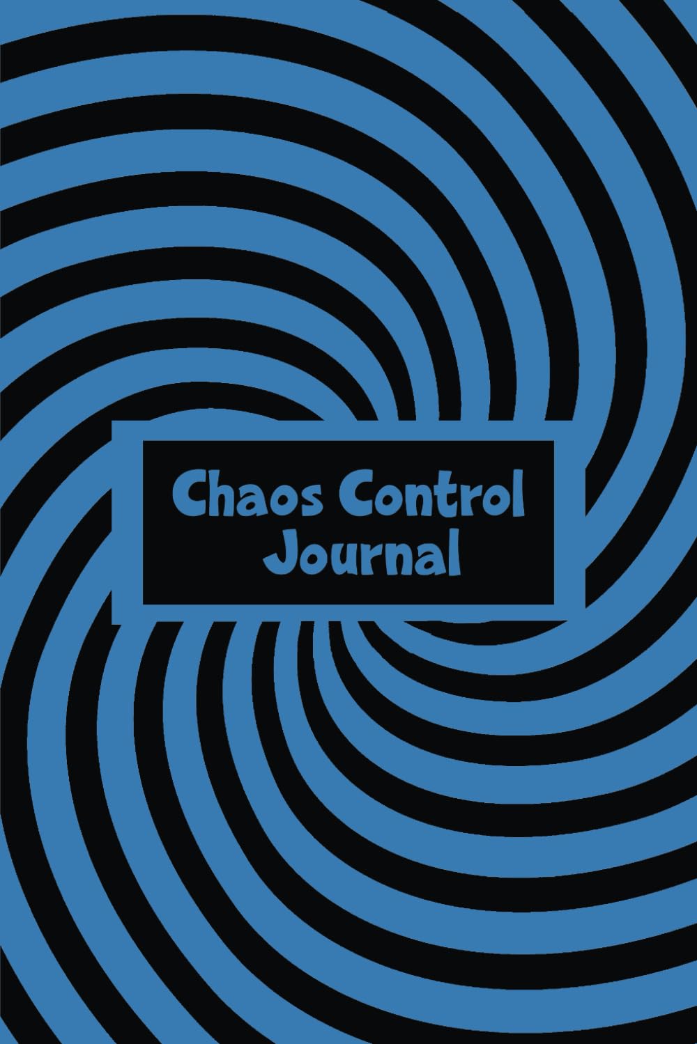 Journal cover with a blue and black spiral design and the words Chaos Control Journal in blue letters in a black box on the cover.