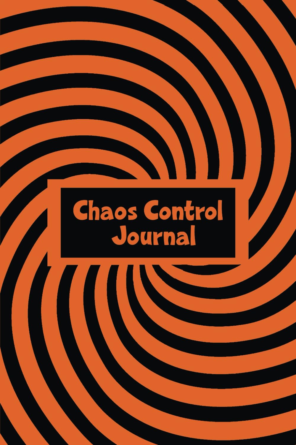 Journal cover with an orange and black spiral design and the words Chaos Control Journal in a black box on the cover.