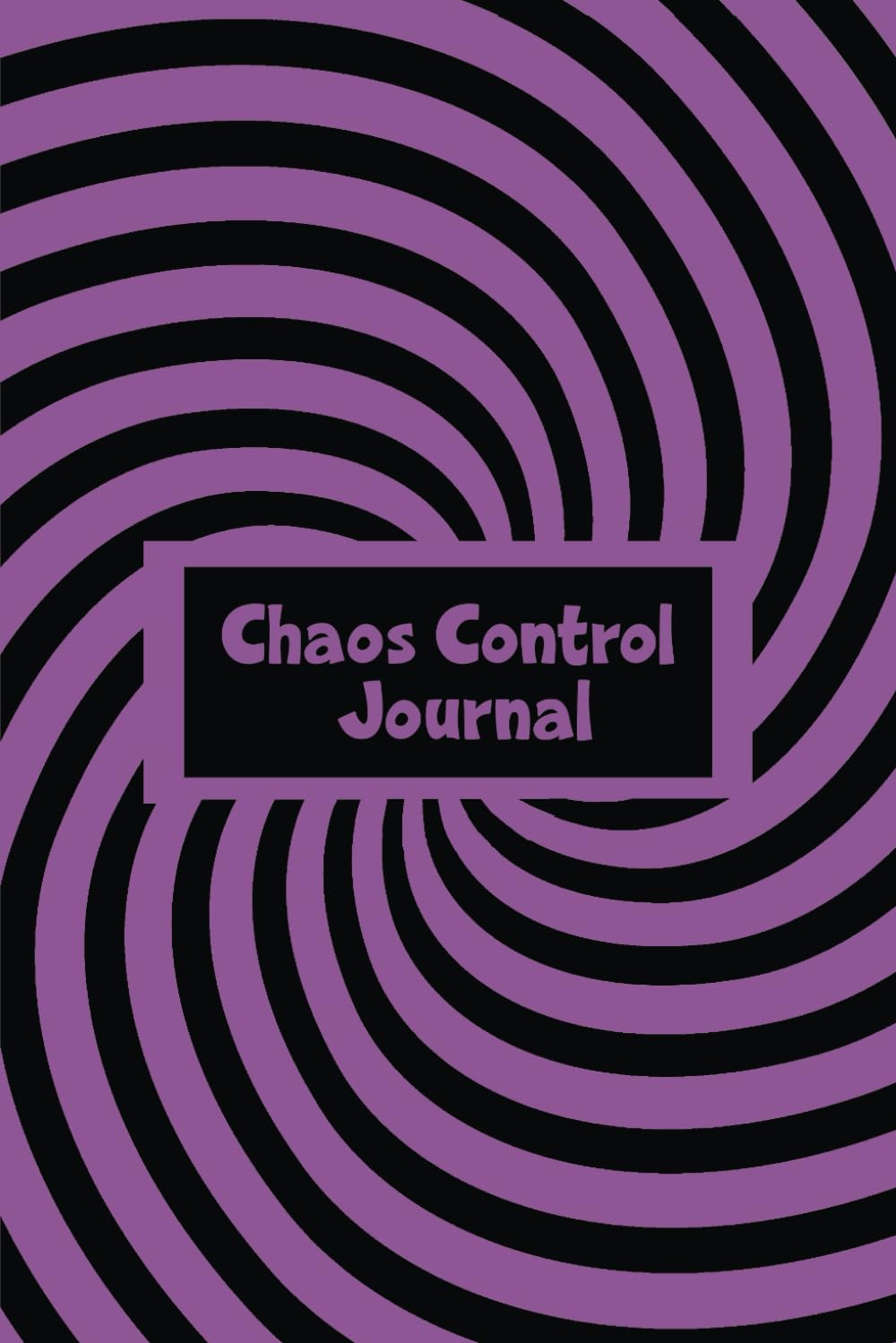 Journal cover with a purple and black spiral design and the words Chaos Control Journal in a black box on the cover.