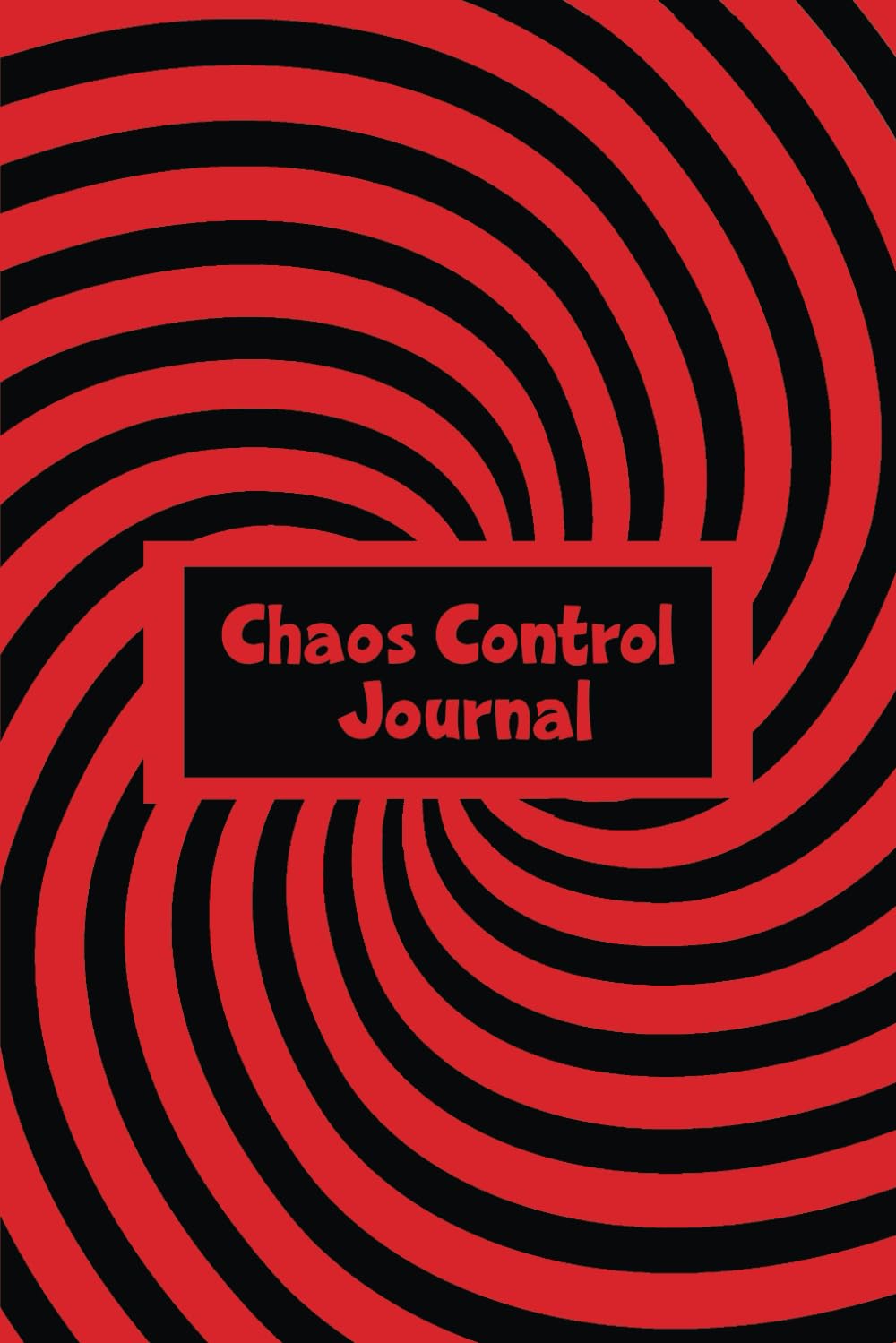 Journal cover with a red and black spiral design and the words Chaos Control Journal written in red letters in a black box on the cover.