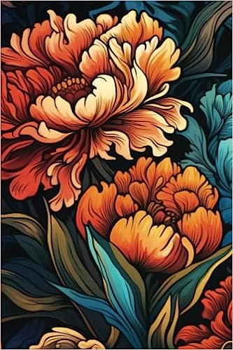 writing journal with vibrant colors - peony flowers in orange and yellow with teal and green leaves