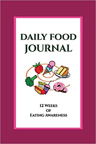 Pink and white Journal for daily tracking of food. Black text says Daily Food Journal: 12 Weeks of Eating Awareness. There's a cartoon swirl of colorful foods.