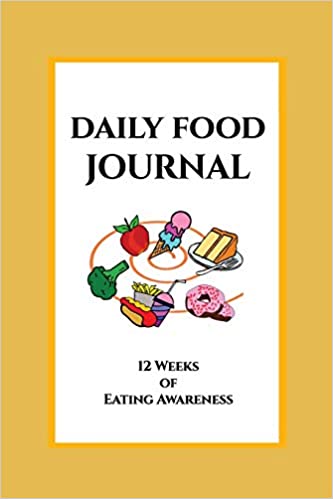 Yellow and white Journal for daily tracking of food. Black text says Daily Food Journal: 12 Weeks of Eating Awareness. There's a cartoon swirl of colorful foods.