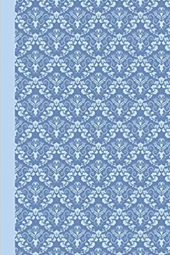 Journal notebook with light and dark blue damask pattern.