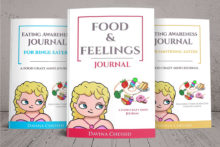 Three Food Crazy Mind Journals: Eating Awareness Journal for Binge Eaters (blue and white), Eating Awareness Journal for Emotional Eaters (yellow and white) and Food and Feelings Journal (pink and white). All have a cartoon image of a girl looking at a colorful swirl of delicious foods.