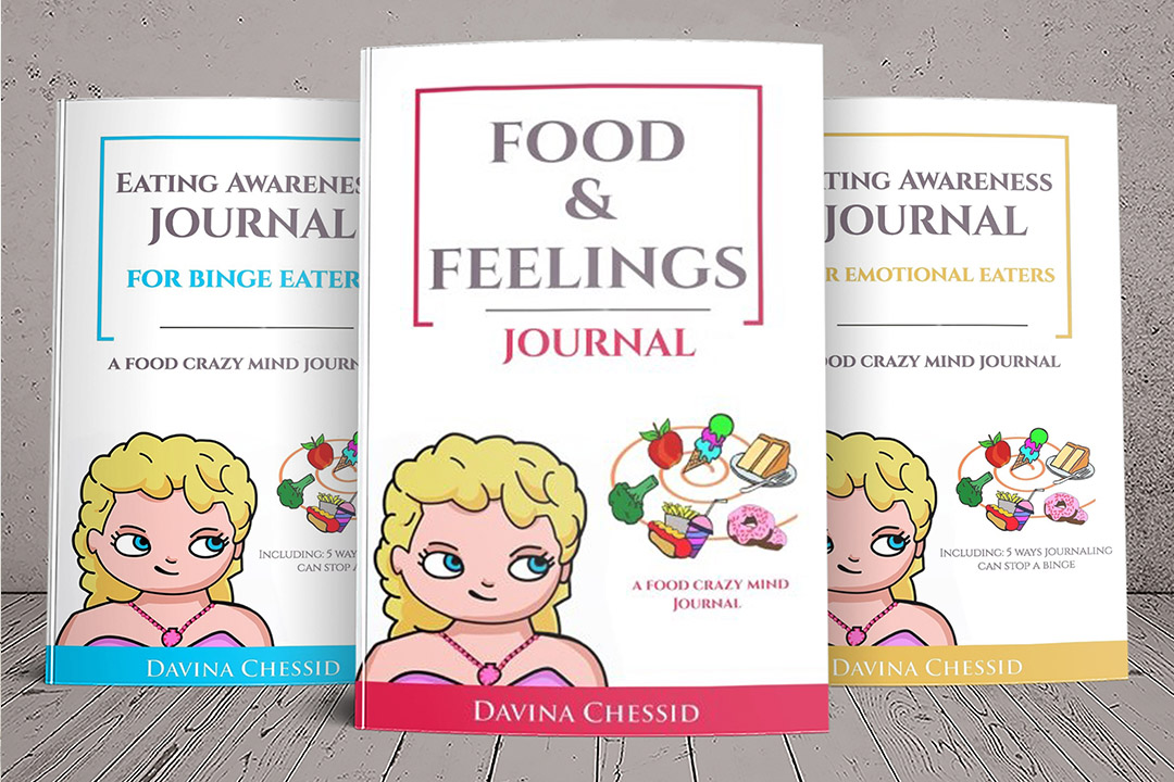 Three Food Crazy Mind Journals: Eating Awareness Journal for Binge Eaters (blue and white), Eating Awareness Journal for Emotional Eaters (yellow and white) and Food and Feelings Journal (pink and white). All have a cartoon image of a girl looking at a colorful swirl of delicious foods.