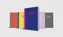 Five journal notebooks with the motivational saying Every Though Matters in a variety of colors: blue, purple, yellow, orange and grey.