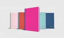 Five journal notebooks with the motivational saying every WORD counts in a variety of colors: hot pink, aqua blue, orange, light pink and dark blue.