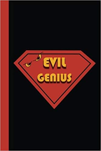 Black journal with red pentagon, cartoon eyes, and yellow lettering that says EVIL GENIUS.