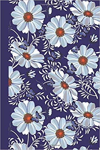 Journal with white flowers and blue butterflies on a blue background.