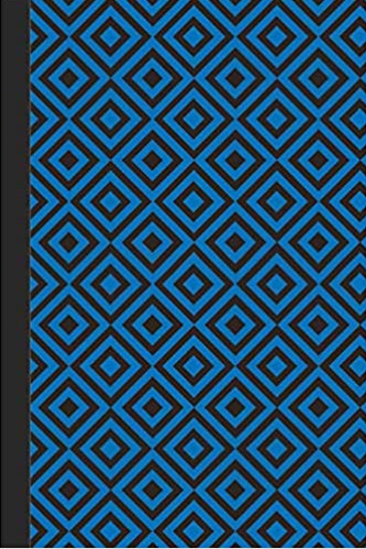 Blue and black journal with geometric design.