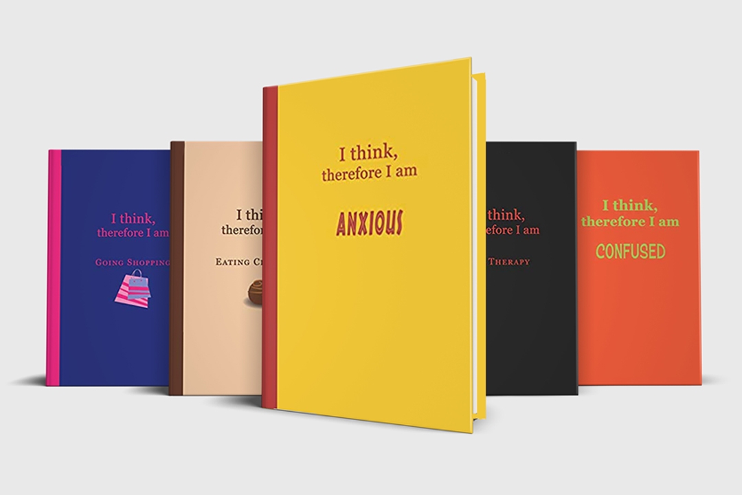 Five notebook journals from the I Think Therefore I am series in a variety different colors, yellow, blue, cream, black and orange.