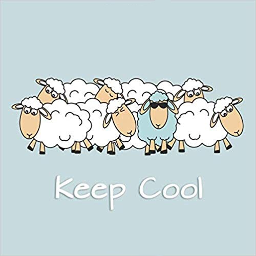 Square journal with blue background and white sheep. One sheep is blue and wearing sun glasses. White text says Keep Cool.