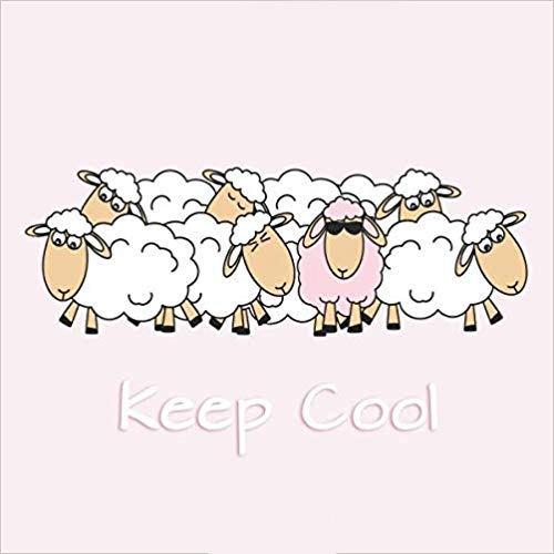 Square journal with pink background and white sheep. One sheep is pink and wearing sun glasses. White text says Keep Cool.