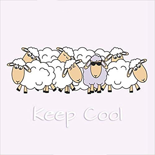 Square journal with purple background and white sheep. One sheep is purple and wearing sun glasses. White text says Keep Cool.