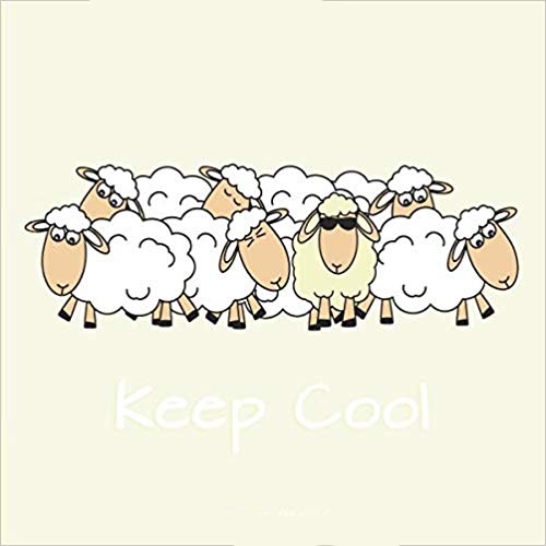 Square journal with yellow background and white sheep. One sheep is yellow and wearing sun glasses. White text says Keep Cool.