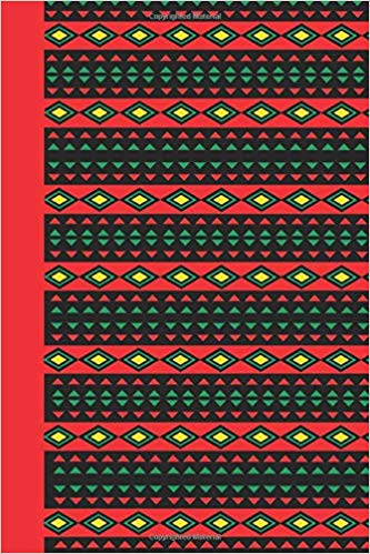 Writing journal with red, green, yellow and black pattern.