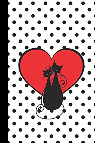 Black, red and white journal notebook with white background and black polka dots. In the center, two black cats are sitting in front of a large red heart.