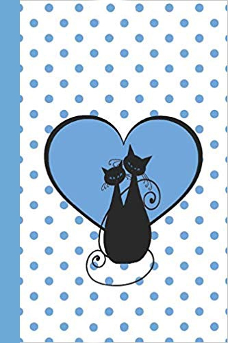 Blue and white journal notebook with white background and blue polka dots. In the center, two black cats are sitting in front of a large blue heart.