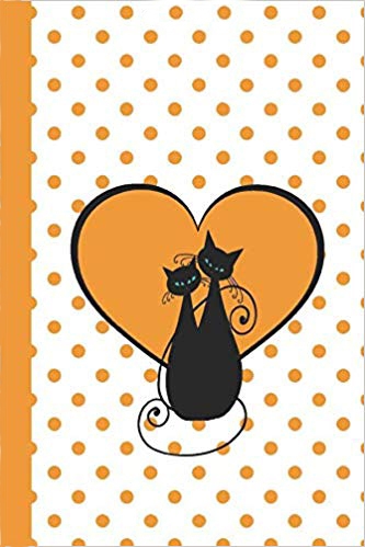 Gold and white journal notebook with white background and gold polka dots. In the center, two black cats are sitting in front of a large gold heart.