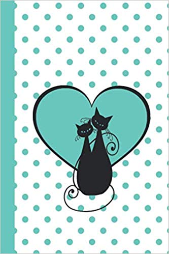 Green and white journal notebook with white background and green polka dots. In the center, two black cats are sitting in front of a large mint green heart.