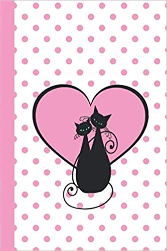 Pink and white journal notebook with white background and pink polka dots. In the center, two black cats are sitting in front of a large pink heart.