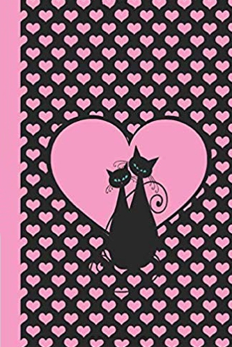 Pink and black journal notebook with small pink hearts on a black background and two black cats sitting together in front of a large pink heart.