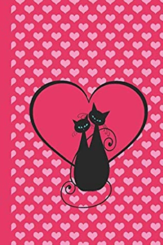 Pink and black journal notebook with pink background and small pink hearts. In the center there is a big pink heart and two black cats are sitting together.