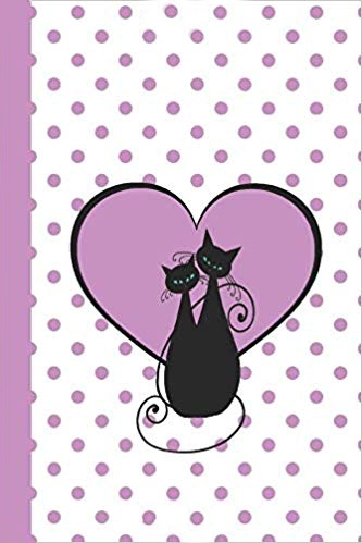 Purple and white journal notebook with white background and purple polka dots. In the center, two black cats are sitting in front of a large purple heart.