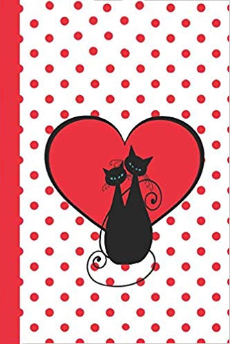 Red and white journal notebook with white background and red polka dots. In the center there is a large red heart and two black cats sitting together.